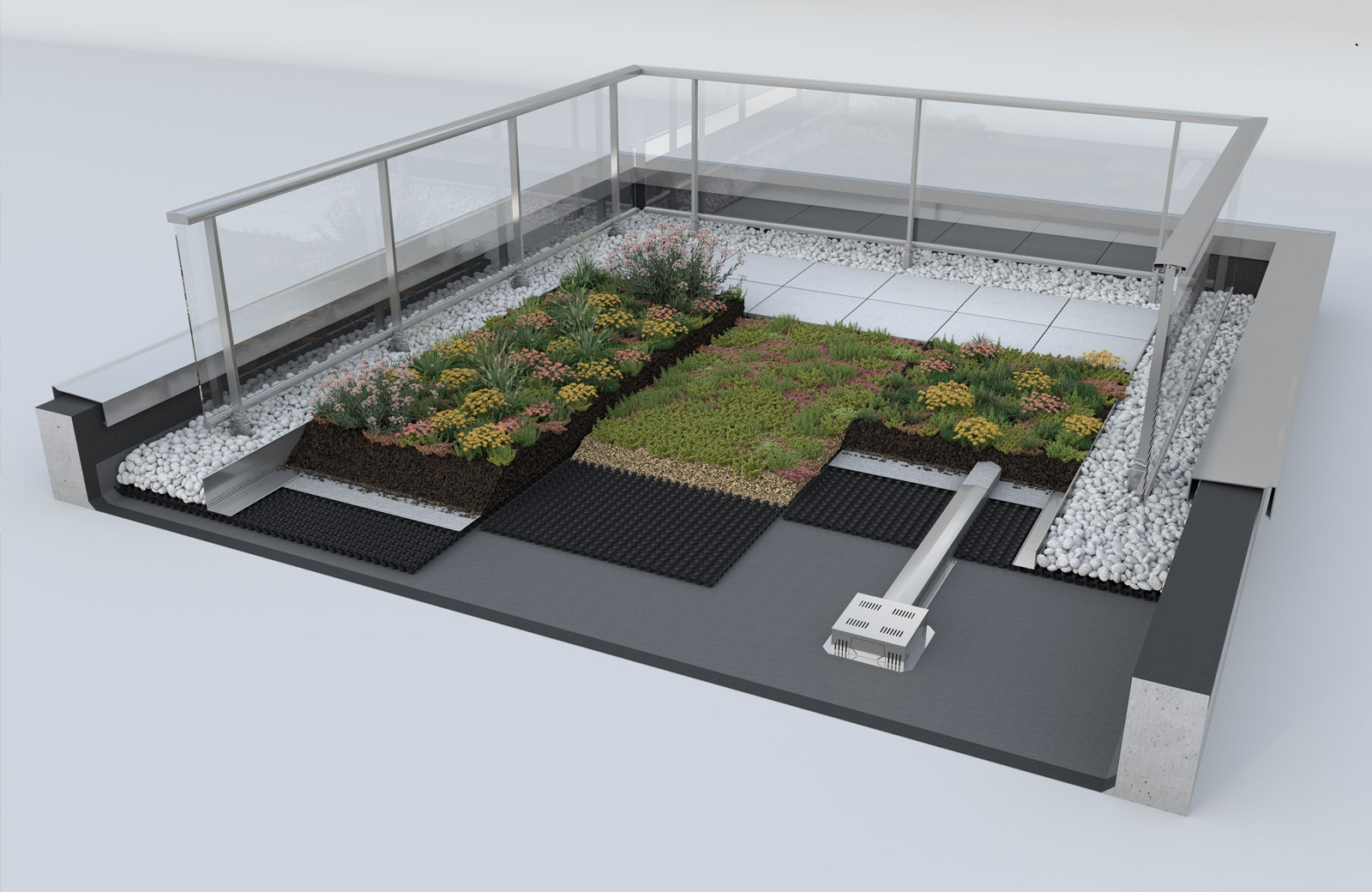 Dachbegrünung: Fotorealistischer Dachaufbau als 3D-Rendering
